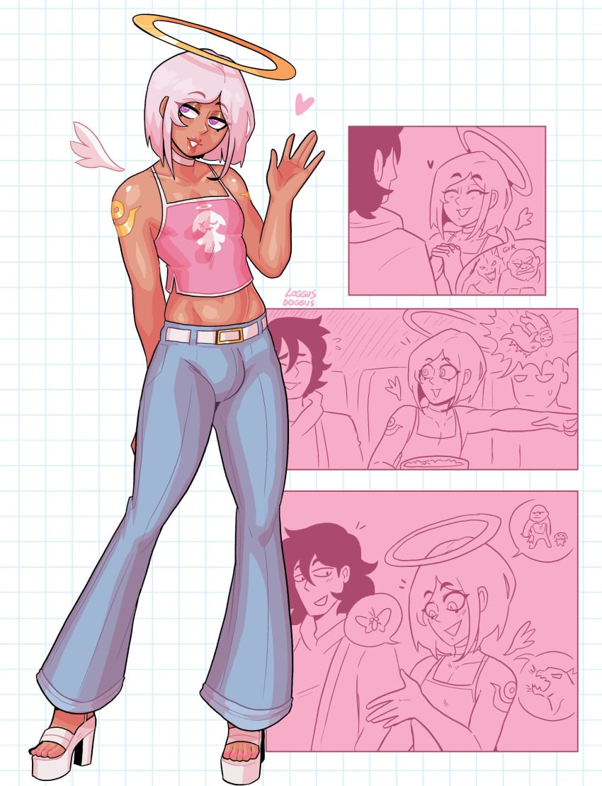 2boys angel angel_boy anhel_(loggus_doggus) bulge charlie_(loggus_doggus) femboy gay girly halo heart high_heels jeans loggus_doggus male male_only medium_hair original platform_heels purple_eyes smiling tan_skin tank_top very_high_resolution white_hair wholesome yaoi