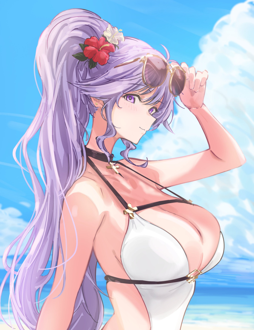 1girls 72megg absurdres alternate_costume beach blue_sky breasts cleavage cloud cloudy_sky commission cross cross_necklace eyewear_on_head female female_only fire_emblem fire_emblem:_genealogy_of_the_holy_war flower hair_flower hair_ornament highres ishtar_(fire_emblem) jewelry large_breasts long_hair looking_at_viewer necklace nintendo ocean one-piece_swimsuit outdoors ponytail purple_eyes purple_hair sky smile sunglasses swimsuit very_long_hair white_one-piece_swimsuit white_swimsuit