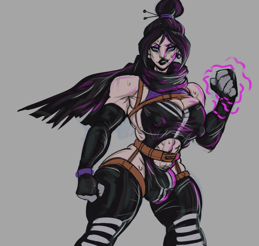 1boy ambush_(trap) apex_legends baguette_(artist) black_hair black_leotard black_lips bulge covered_nipples elbow_gloves eyeshadow femboy femboy_only genderswap_(ftm) leotard male_only muscular_male pecs pink_eyes scarf smile sweat thick_thighs thighhighs wraith_(apex_legends)