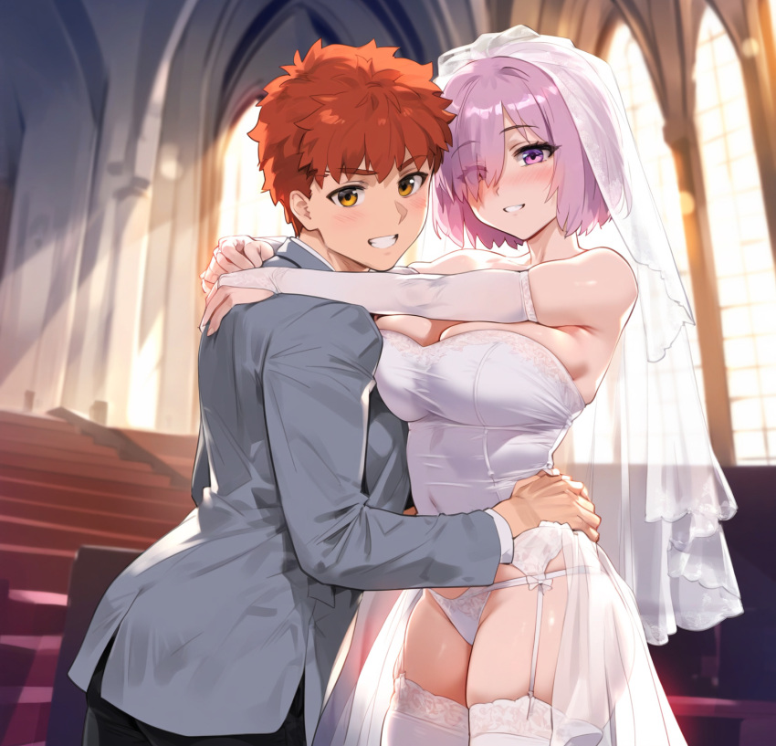 1boy 1girls ai_generated blush breasts emiya_shirou fate/grand_order fate/stay_night fate_(series) half_naked light-skinned_female looking_at_viewer mash_kyrielight pink_hair red_hair shielder_(fate/grand_order) smile thick_thighs truck_kun wedding_dress wedding_lingerie wedding_veil