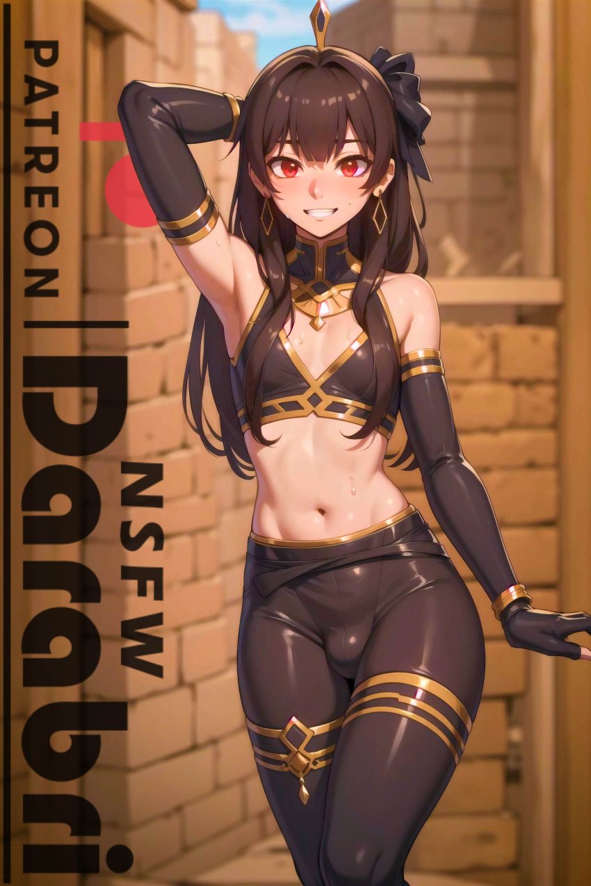 1boy abstract_background ai_generated armpits arms_up bangs bare_shoulders beige_skin blush brown_hair bulge cleavage crop_top darabri detached_sleeves detailed detailed_background earrings fate/grand_order fate_(series) femboy feminine_male flushed girly glowing_eyes hairpin ishtar_(fate) jewelry logo long_hair open_smile otoko_no_ko patreon patreon_logo red_eyes smile solo tagme tight_clothing tight_fit toned trap