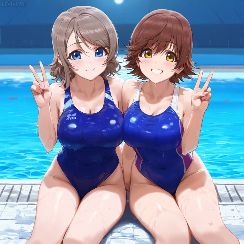 ai_generated ass blue_eyes breasts brown_hair competition_swimsuit honda_mio idolmaster large_breasts legs love_live! love_live!_sunshine!! multiple_girls one-piece_swimsuit short_hair swimsuit the_idolm@ster thighs watanabe_you yellow_eyes