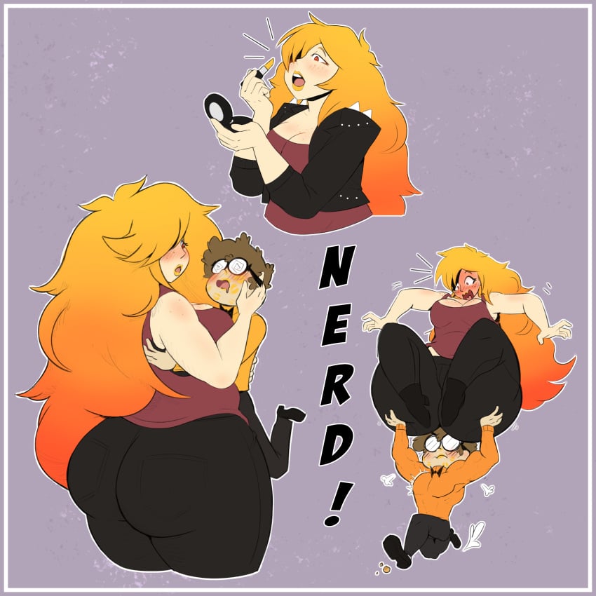 1boy 1girls big_butt blush carrying cleavage couple danscarf freckles jeans kiss_marks kissing lipstick nerd nerd_(nerd_and_jock) nerd_and_jock_(webcomic) not_porn orange_hair thick_ass thick_thighs tiger_(nerd_and_jock) yellow_lipstick