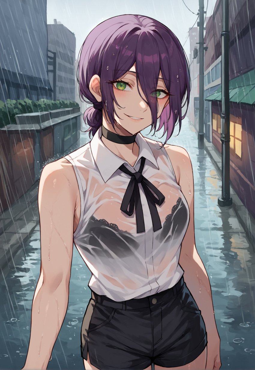 1girls ai_generated bra breasts chainsaw_man clothed clothing curvy cute female female_focus female_only green_eyes hair_between_eyes light-skinned_female lilianaa medium_breasts necklace purple_hair rain reze_(chainsaw_man) short_hair wet wet_body wet_breasts wet_clothes wet_hair wet_skin