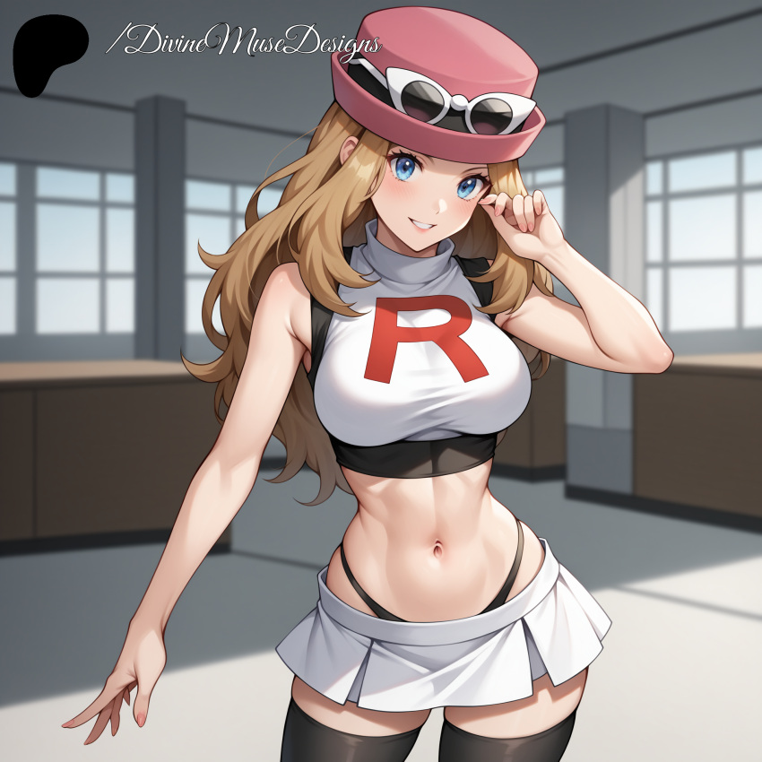 2024 4k ai_generated black_legwear blonde_hair blue_eyes brown_hair color colored crop_top divine_muse_designs game_freak hi_res high_resolution highres mirco_skirt patreon patreon_logo patreon_username pink_hat pokemon pokemon serena_(pokemon) stable_diffusion sunglasses_on_head team_rocket team_rocket_uniform watermark whale_tail