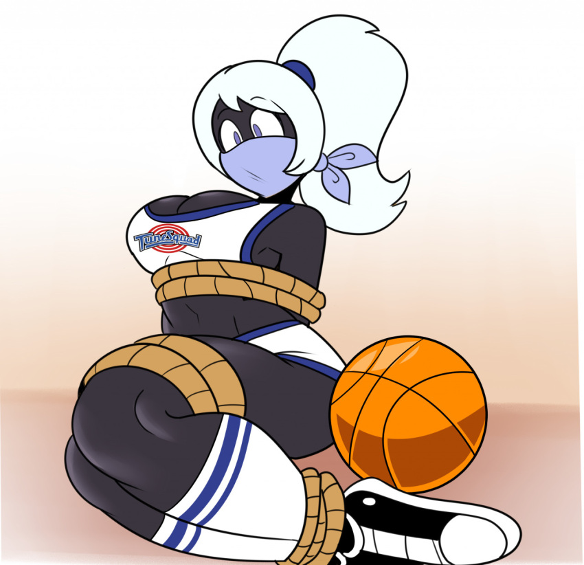 alien alien_girl alien_humanoid athletic athletic_female basketball basketball_uniform black_body black_skin bound bound_ankles bound_arms bound_legs duck_dodgers gagged gagged_female looney_tunes martian martian_(duck_dodgers) purple_eyes queen_tyr'ahnee space_jam superspoe warner_brothers white_hair