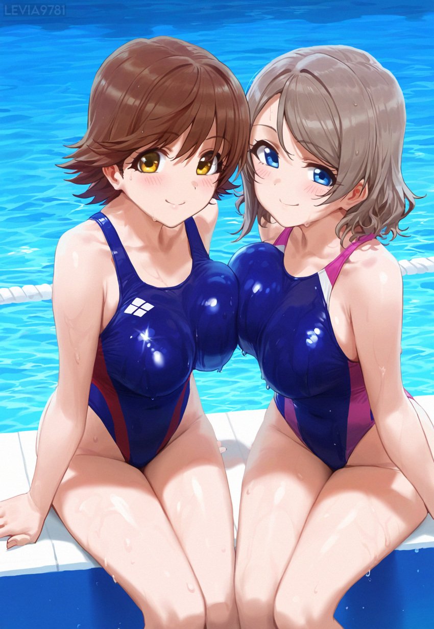 ai_generated ass blue_eyes breasts brown_hair competition_swimsuit honda_mio idolmaster large_breasts legs love_live! love_live!_sunshine!! multiple_girls one-piece_swimsuit short_hair swimsuit the_idolm@ster thighs watanabe_you yellow_eyes