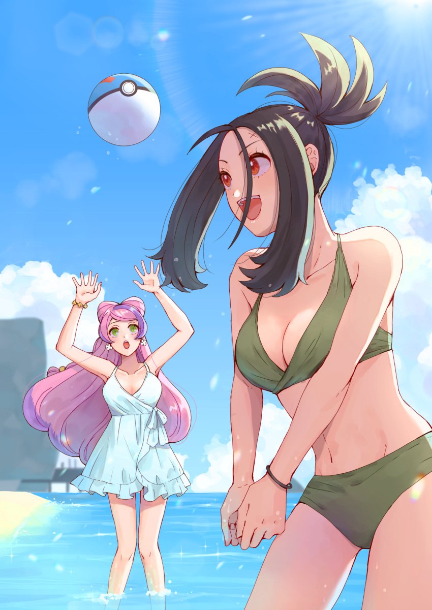 2024 2girls adult adult_female beach beach_ball big_breasts bikini black_hair bracelet breasts buns cleavage clothed clothed_female clothing clouds day daytime dendra_(pokemon) dress earrings fit fit_female friends green_bikini green_eyes green_swimsuit hair_buns hairbuns high_ponytail in_water lens_flare light-skinned_female light_skin long_hair medium_breasts midriff miriam_(pokemon) multicolored_hair navel nintendo nm_ngi ocean outdoors outside pink_hair playing pokeball pokemon pokemon_sv ponytail purple_hair red_eyes scar scar_on_face sky straight_hair sun sunlight swimsuit volleyball water white_dress young_woman