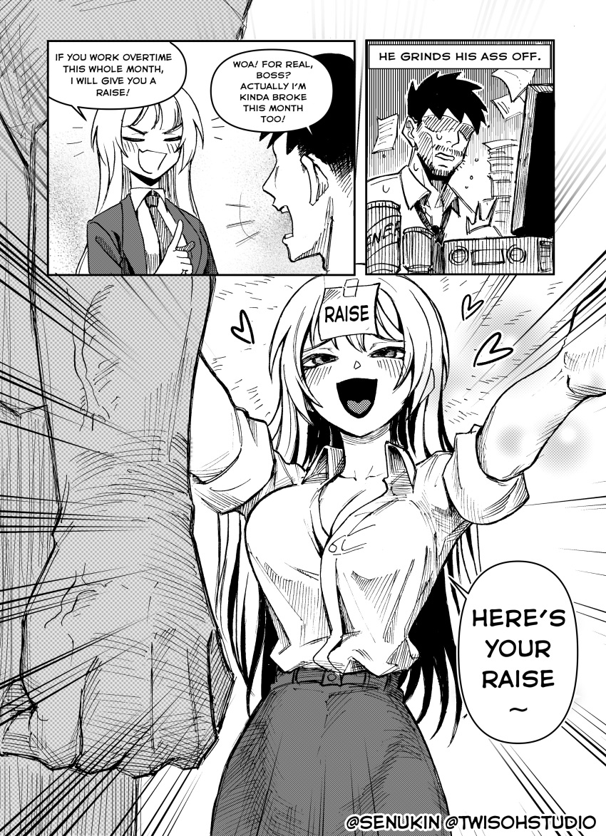 1boy 1female 1girls 1male 3_panel_comic arms_open artist_name breasts cleavage clothes clothing comic comic_page english_text heart hearts horneebogor7709 open_arms original original_character original_characters senukin_(artist) text text_bubble tricked trickery vein veins veiny veiny_arm