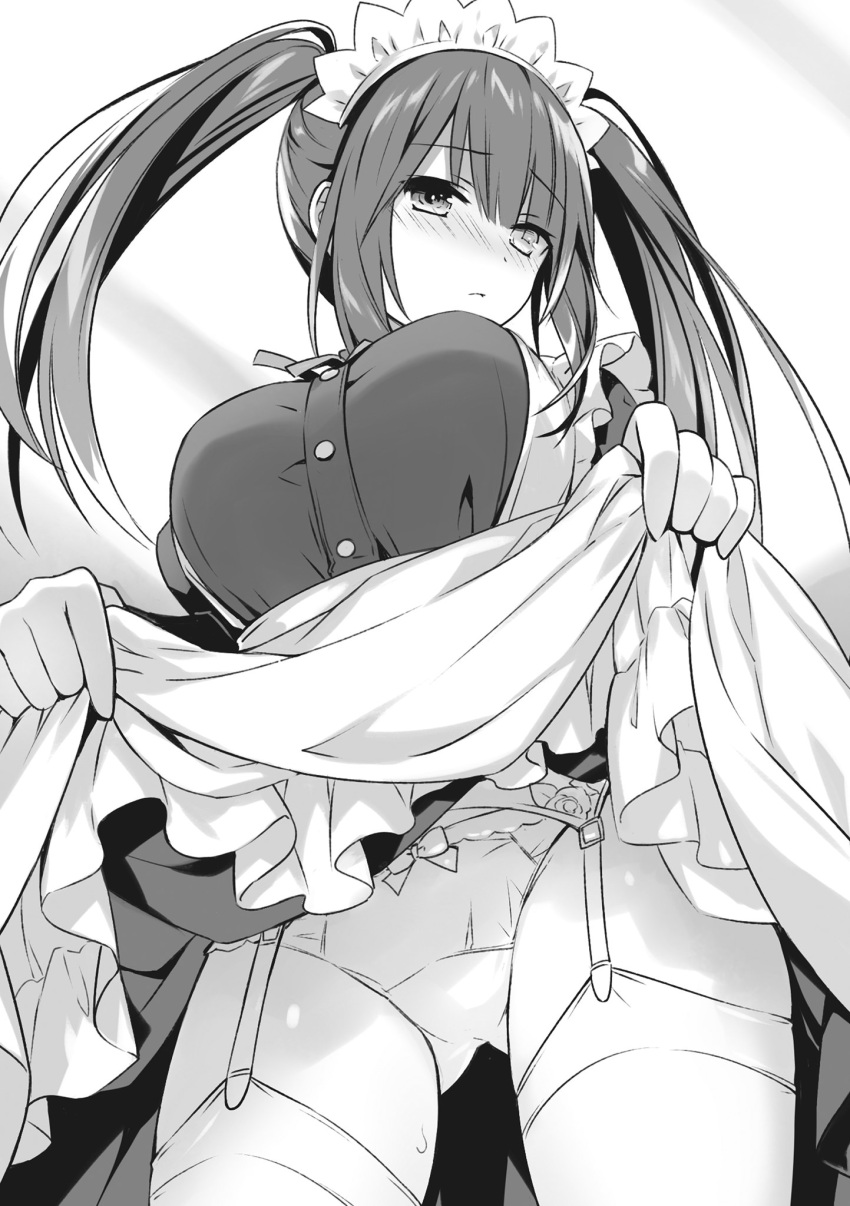 big_breasts black_and_white blush breasts date_a_live embarrassed garter_belt garter_straps heterochromia low-angle_view maid maid_outfit maid_uniform mouth_closed novel_illustration official_art panties showing_panties skirt_lift thighhighs thighs tokisaki_kurumi tsunako twintails white_panties zettai_ryouiki