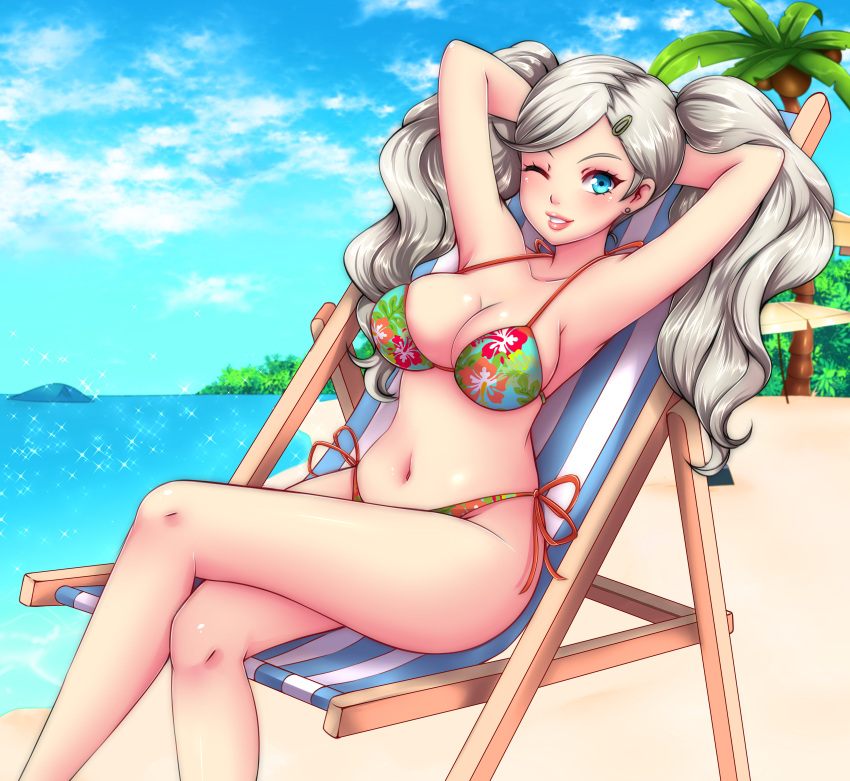 1girls ann_takamaki beach beach_chair big_breasts bikini blonde_hair blue_eyes breasts chair clouds earrings floral_print hairclip large_breasts looking_at_viewer midriff navel ocean outside palm_trees persona persona_5 side-tie_bikini side-tie_swimsuit sitting_on_chair sky sugarbell swimsuit twintails water