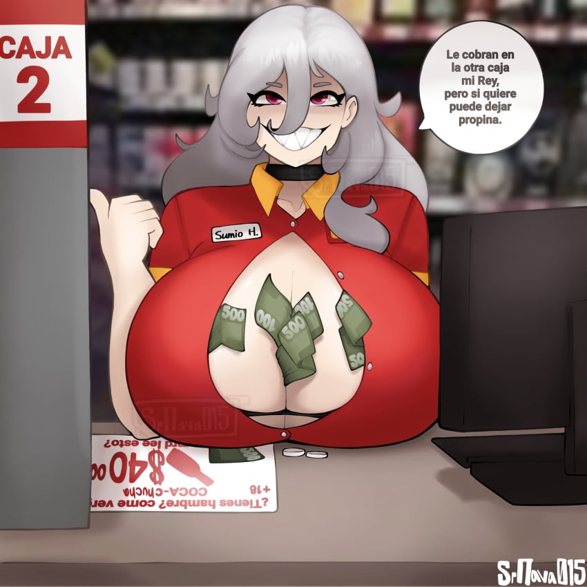 big_breasts breasts collar computer huge_breasts money oc original_character oxxo_girl spanish spanish_text srnava white_hair