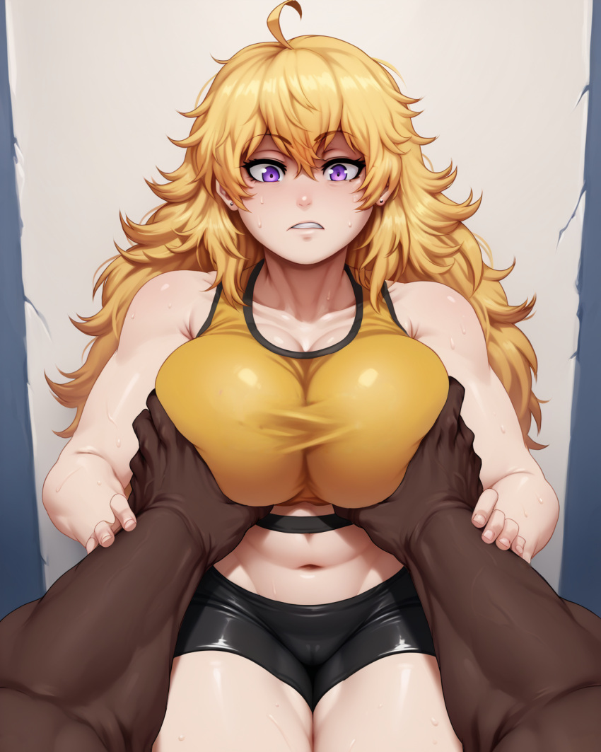 ai_generated breast_grab breasts dark-skinned_male grabbing gym_uniform jlullaby_(style) large_breasts light-skinned_female relaps63 rwby wide_hips yang_xiao_long