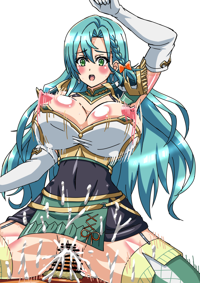 1boy 1girls aqua_hair arm_up armpits ass_visible_through_thighs bare_thighs blue_hair blush bodystocking boots braid breasts_out bursting_breasts censored chloe_(fire_emblem) covered_navel cowgirl_position cum cum_in_pussy cum_inside cum_on_body cum_on_leg cum_on_lower_body earrings elbow_gloves ezsm5857 female female_focus female_on_top fire_emblem fire_emblem_engage garter_straps gloves green_eyes hair_between_eyes hourglass_figure long_hair male midriff nintendo nipples open_mouth pelvic_curtain penis pussy sex solo_focus spread_legs straddling sweat thick_thighs thigh_boots thighs vaginal_penetration very_long_hair white_background wide_hips