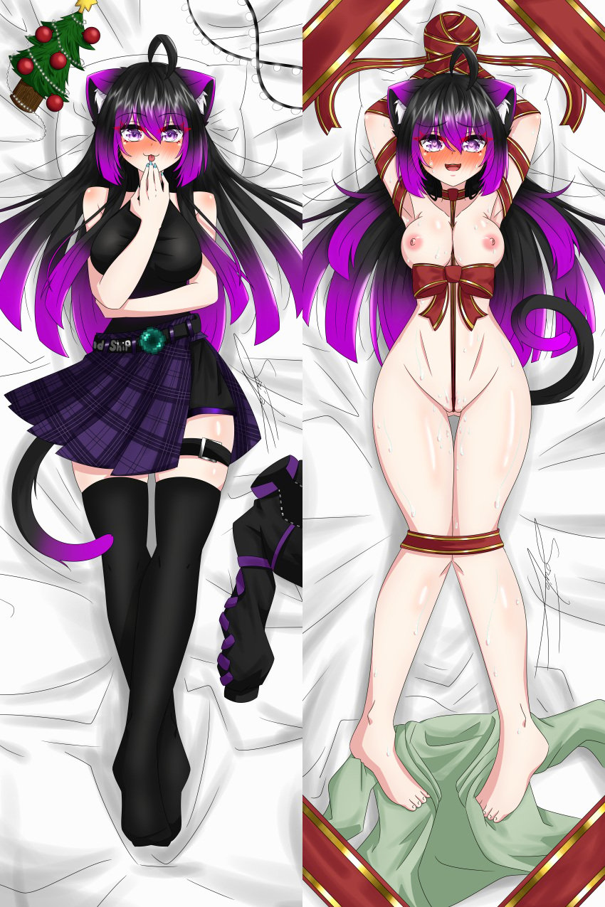 black_hair blandship cat_ears cat_tail christmas christmas_present dakimakura female heart_eyes virtual_youtuber whateveris1_(artist)