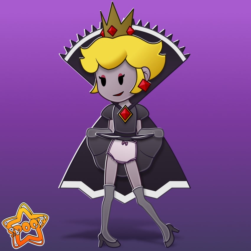 black_dress blonde_hair bow_panties cape dot_eyes flat_chest frilled_panties full_body high_heels makeup mario_(series) pale_skin panties paper_mario paper_mario:_the_thousand-year_door princess_peach purple_skin shadow_queen short_hair skirt_lift thighhighs