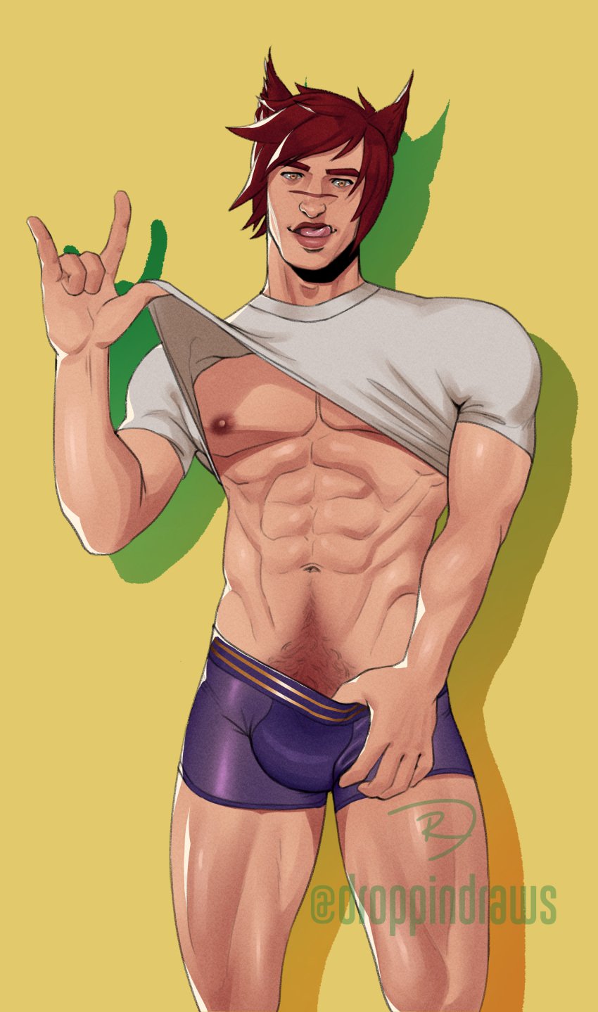 1boy 2021 bara barazoku big_bulge bulge clothing droppindraws erection_under_clothes hi_res highres league_of_legends looking_at_viewer male male_nipples male_only male_pubic_hair muscular_male nipples penis_outline red_hair riot_games scar sett underwear