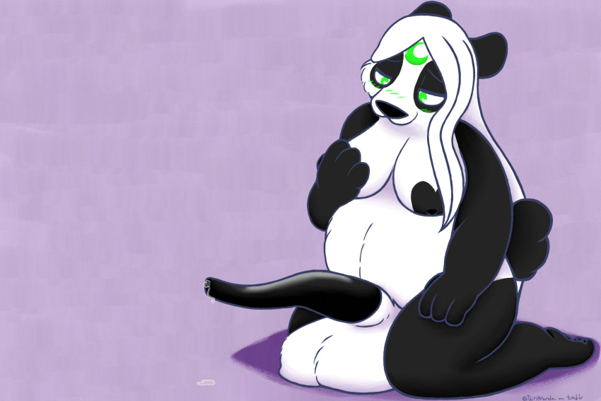 anthro balls bear big_balls big_breasts big_penis black_body black_fur black_nose blue_line_art blush bodily_fluids breasts colored_line_art digital_media_(artwork) dripping erection fur fur_markings futa_on_female futa_only genital_fluids genitals giant_panda green_eyes gynomorph hair holding_breast intersex leaking_precum lunarpanda8686 mammal markings mika_(lunarpanda8686) nipples penis precum precum_drip round_ears simple_background slightly_chubby solo tail ursine white_body white_fur white_hair