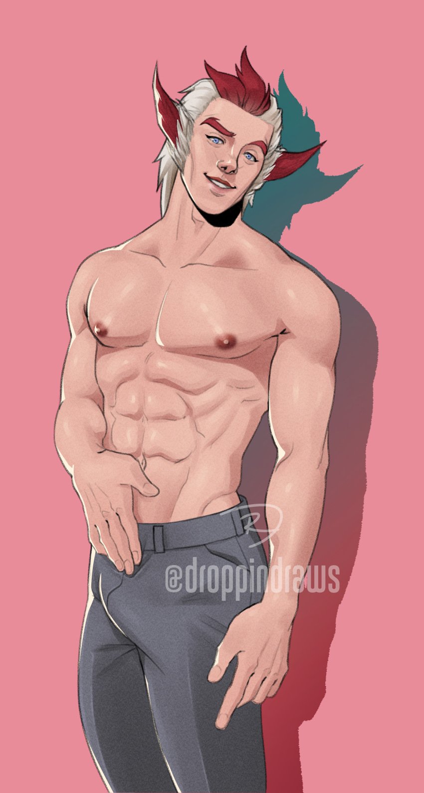 1boy 2021 bara barazoku bulge clothing droppindraws hi_res highres league_of_legends looking_at_viewer male male_nipples male_only muscular_male nipples penis_outline rakan riot_games