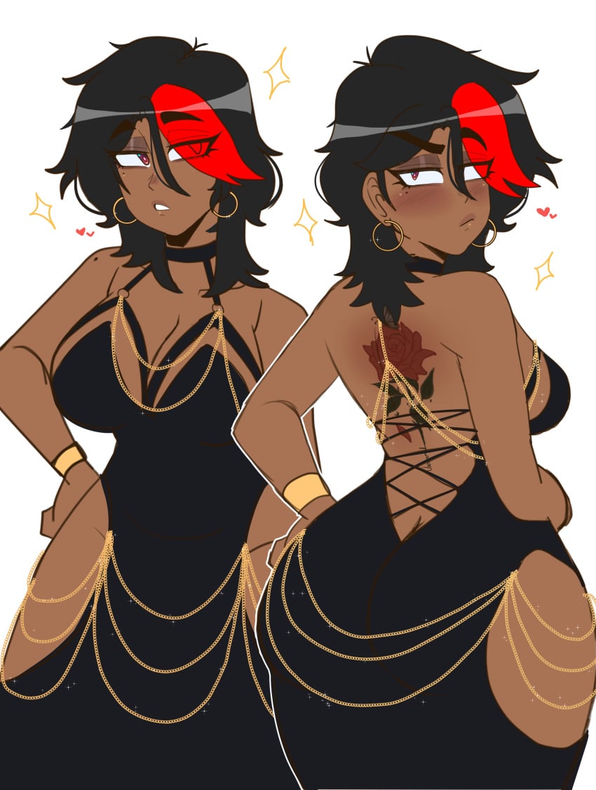 art_trend ass back_tattoo big_breasts big_butt black_dress black_hair bracelet bracers breasts chains dark-skinned_female dark_skin dress dress_trend flower_tattoo gold_chain gold_chains heart hearts_around_head looking_at_viewer modakawa_dress mole_on_shoulder ms_unnormal norma_(ms_unnormal) raised_eyebrow red_eyes red_highlights revealing_clothes revealing_dress rose_tattoo short_hair sideboob sparkles tattoo tattoo_on_back thick_ass thick_thighs thighs trend twitter_dress twitter_trend