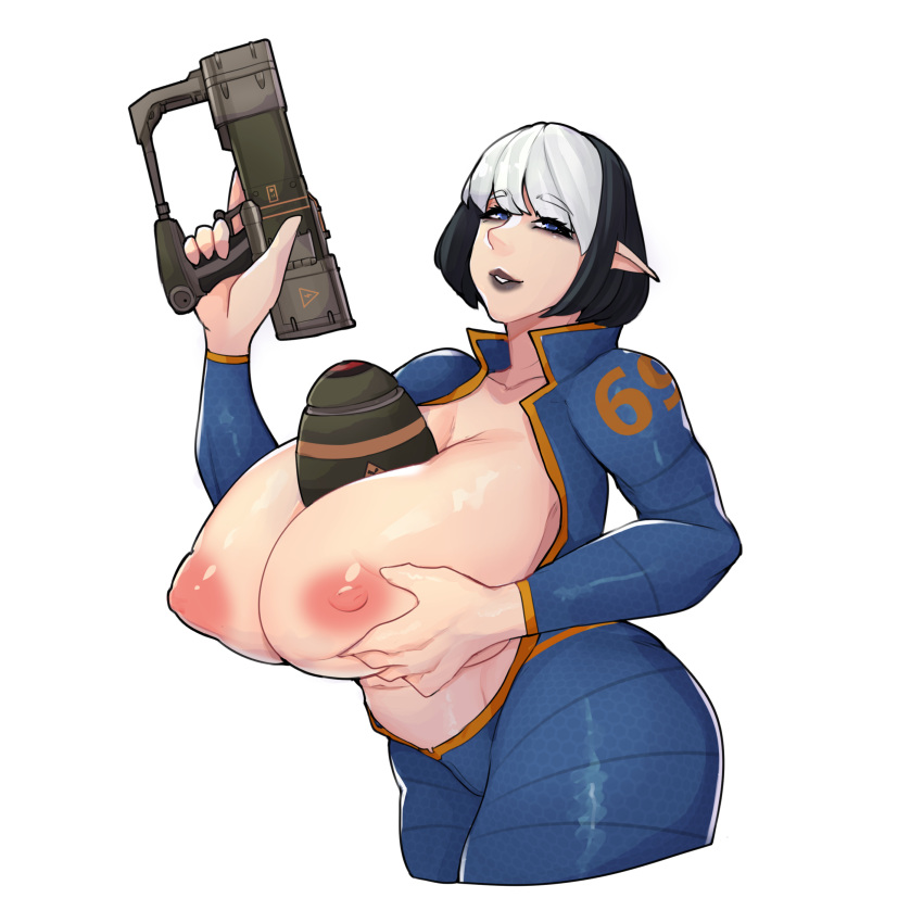 black_hair fallout goth huge_breasts laser_gun nuke reby_(waifusnraifus) vault_suit white_hair