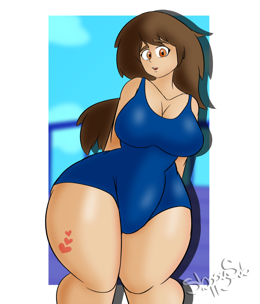 big_hips big_thighs brown_hair fanart guilty_gear guilty_gear_strive huge_breasts huge_thighs may_(guilty_gear) sloppy_sab solo solo_female solo_focus swimsuit swimwear thick_thighs wide_hips