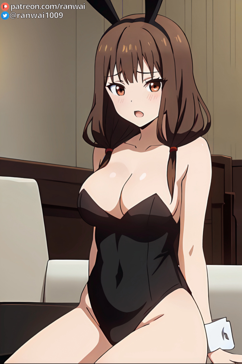 1girls ai_generated anime brown_eyes brown_hair bunny_girl bunnysuit female female_only human iino_miko kaguya-sama_wa_kokurasetai_~tensai-tachi_no_renai_zunousen~ ranwai sitting solo stable_diffusion