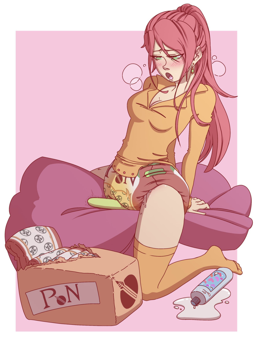 abdl diaper diaper_fetish diaper_orgasm diaper_vibrator female green_eyes humping_diaper humping_pillow lidded_eyes lube_bottle onesie pack_of_diapers panting pyrrha_nikos red_hair rwby sleepybun131(artist) thighhighs wet_diaper