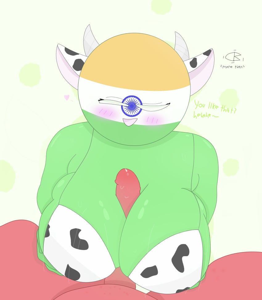 big_breasts boobjob breasts c10ckw07k countryhumans countryhumans_girl cow_bikini cow_ears green_skin india_(countryhumans) nepal_(countryhumans) paizuri red_skin titfuck titjob