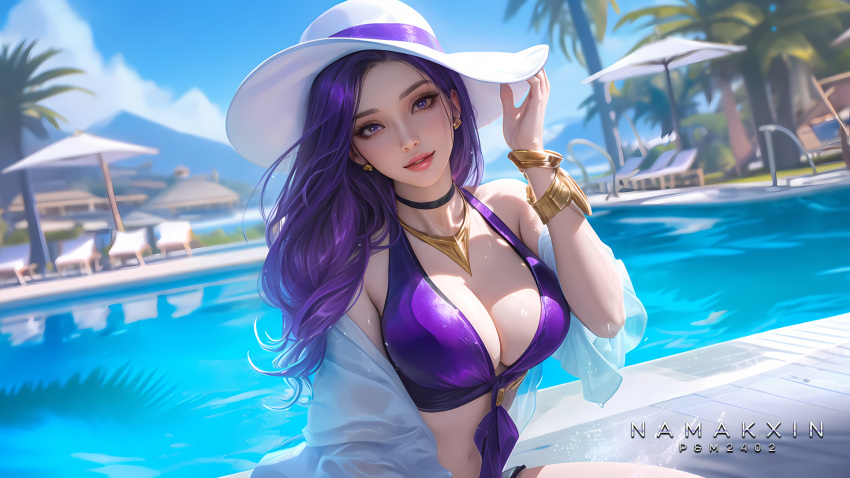 ai_generated bikini caitlyn_kiramman female female_only fully_clothed league_of_legends namakxin pool pool_party_caitlyn pool_party_series revealing_clothes