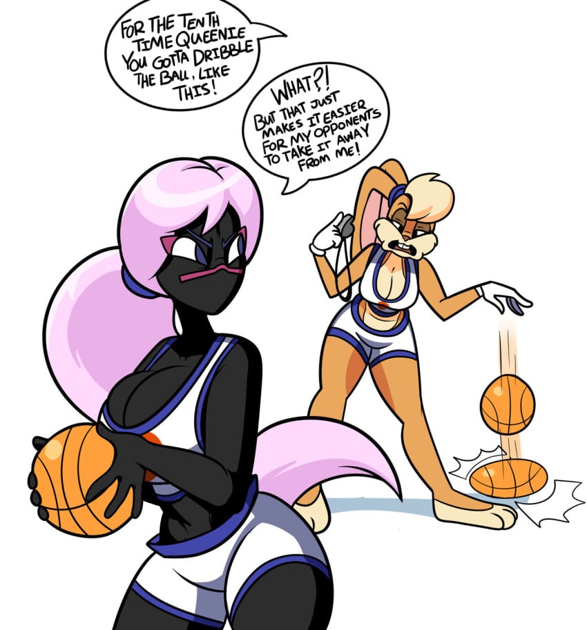 alien alien_girl alien_humanoid anthro basketball basketball_jersey basketball_shorts basketball_uniform dialogue dribbling duck_dodgers furry furry_female lola_bunny looney_tunes martian martian_(duck_dodgers) no_humans non-human_only pink_hair purple_eyes queen_tyr'ahnee rabbit rabbit_humanoid space_jam superspoe teaching training warner_brothers