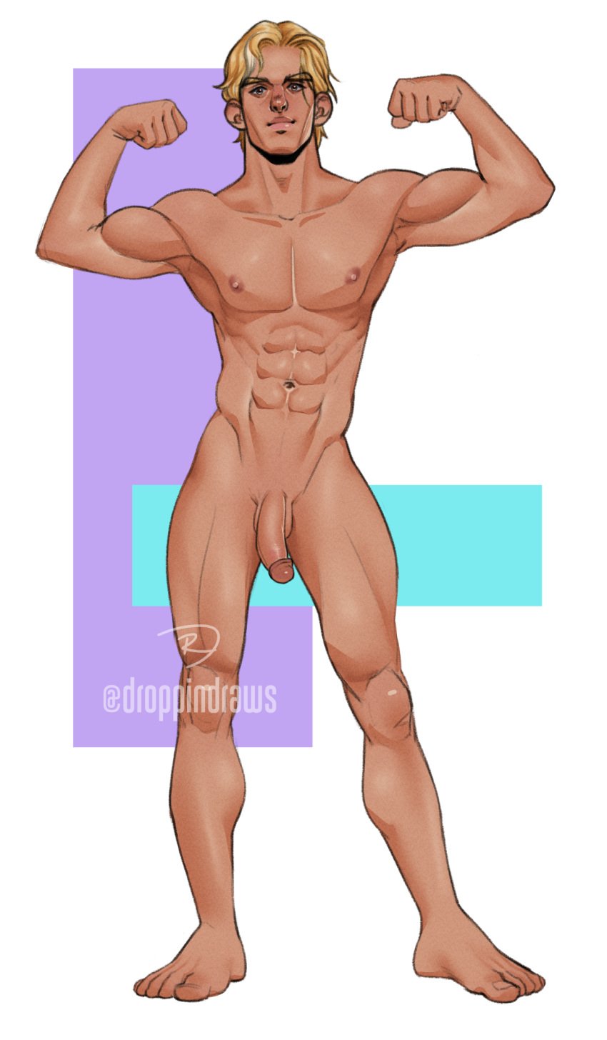 1boy 2021 balls bara barazoku blonde_hair completely_nude completely_nude_male droppindraws hi_res highres male male_nipples male_only muscular_male nipples nude penis