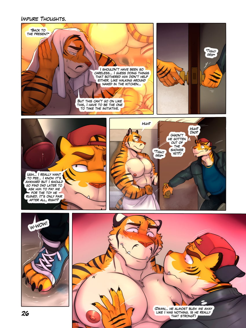 2boys age_difference anthro bath bathroom big_pecs blush clothed clothing dennis_(zourik) dialogue english_text father_and_son felid feline fur furry furry_only gay javier_(zourik) looking_at_another male male/male male_only muscular muscular_male pecs text tiger younger_male zourik