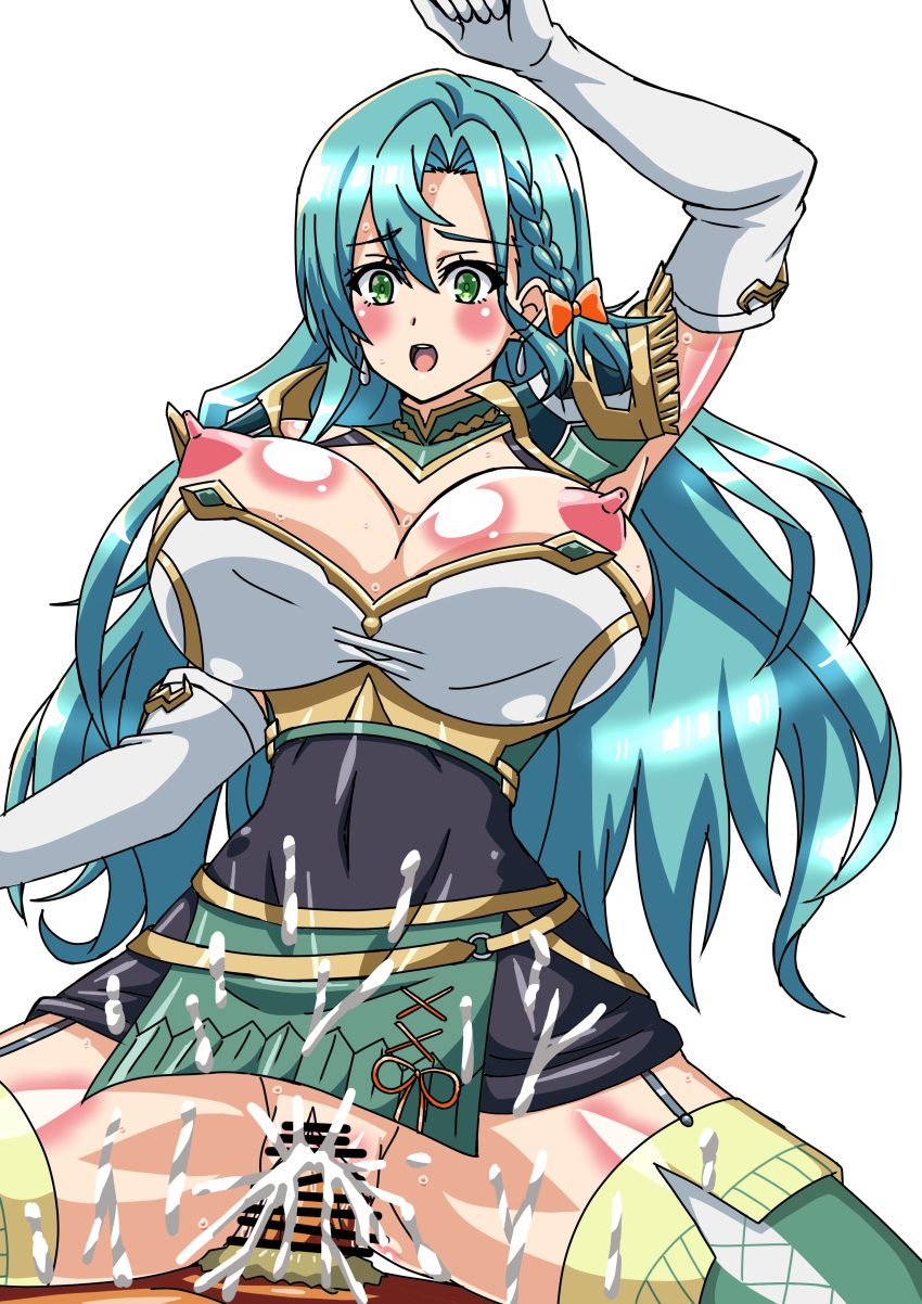 1boy 1girls aqua_hair arm_up armpits ass_visible_through_thighs bare_thighs blue_hair blush bodystocking boots braid breasts_out bursting_breasts censored chloe_(fire_emblem) covered_navel cowgirl_position cum cum_in_pussy cum_inside cum_on_body cum_on_leg cum_on_lower_body earrings elbow_gloves ezsm5857 female female_focus female_on_top fire_emblem fire_emblem_engage garter_straps gloves green_eyes hair_between_eyes hourglass_figure long_hair male midriff nintendo nipples open_mouth pelvic_curtain penis pussy sex solo_focus spread_legs straddling sweat thick_thighs thigh_boots thighs vaginal_penetration very_long_hair white_background wide_hips