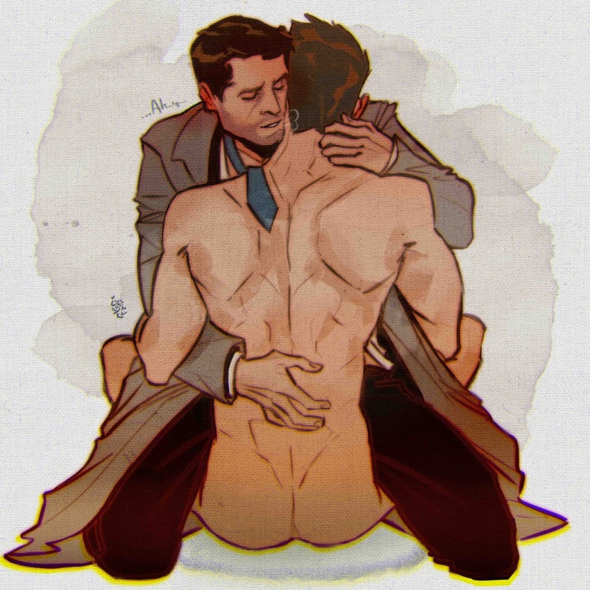 2boys actor angel artist_name artist_signature ass beard_stubble black_hair brown_hair castiel castiel_(supernatural) celebrity closed_eyes clothed clothed_male clothing completely_nude cowgirl_position dean_winchester duo gay holding_partner human in_character ioannushka jensen_ackles looking_pleasured male male/male male_only misha_collins muscles muscular muscular_male naked naked_male necktie nude nude_male on_top sitting sitting_on_person spread_legs stubble supernatural_(series) tie trenchcoat yaoi