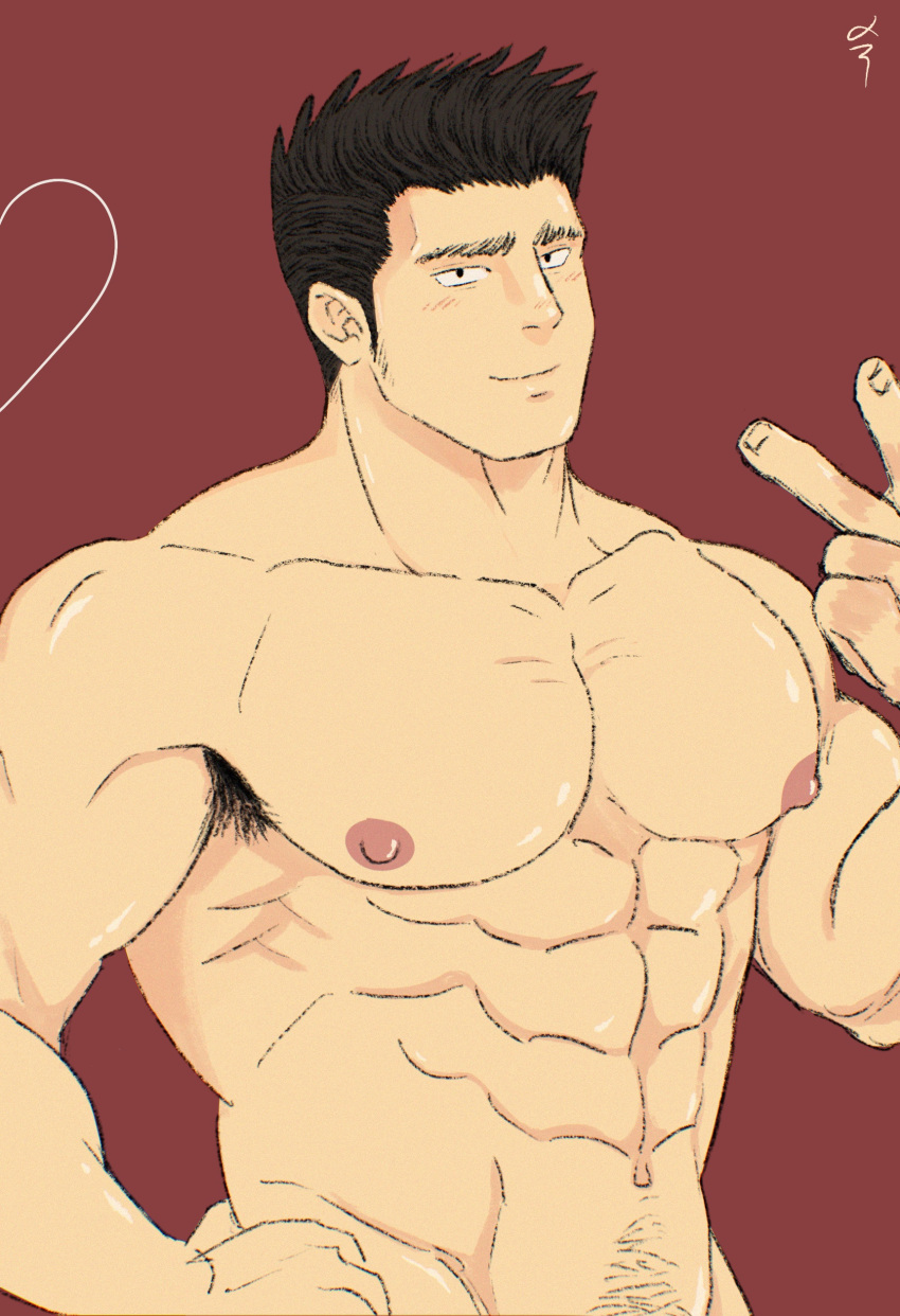 1boy abs ao_isami armpit_hair bara bara_tits biceps black_hair body_hair hi_res human human_only large_pectorals male male_only muscular muscular_male navel navel_hair nipples no_visible_genitalia paparatsy pectorals red_background sideburns simple_background smile solo solo_male thick_eyebrows upper_body yuuki_bakuhatsu_bang_bravern