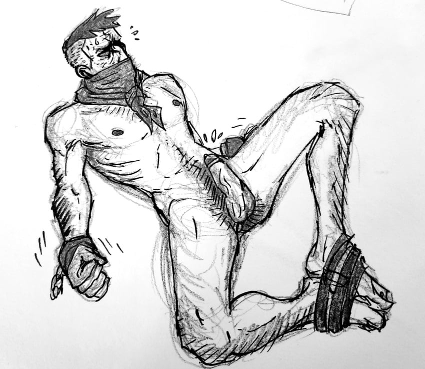 1boy 2024 bara barazoku black_and_white bondage buzz_cut covered_mouth darkest_dungeon gay handcuffs highwayman_(darkest_dungeon) lanky leg_hair legs_apart male male_only neckerchief neckerchief_only nipples obscured_eyes obscured_face older_male precum realistic_anatomy realistic_proportions rough_sketch scrotum struggling sweat sweatdrop tied tied_legs tied_up wrinkles yaoi