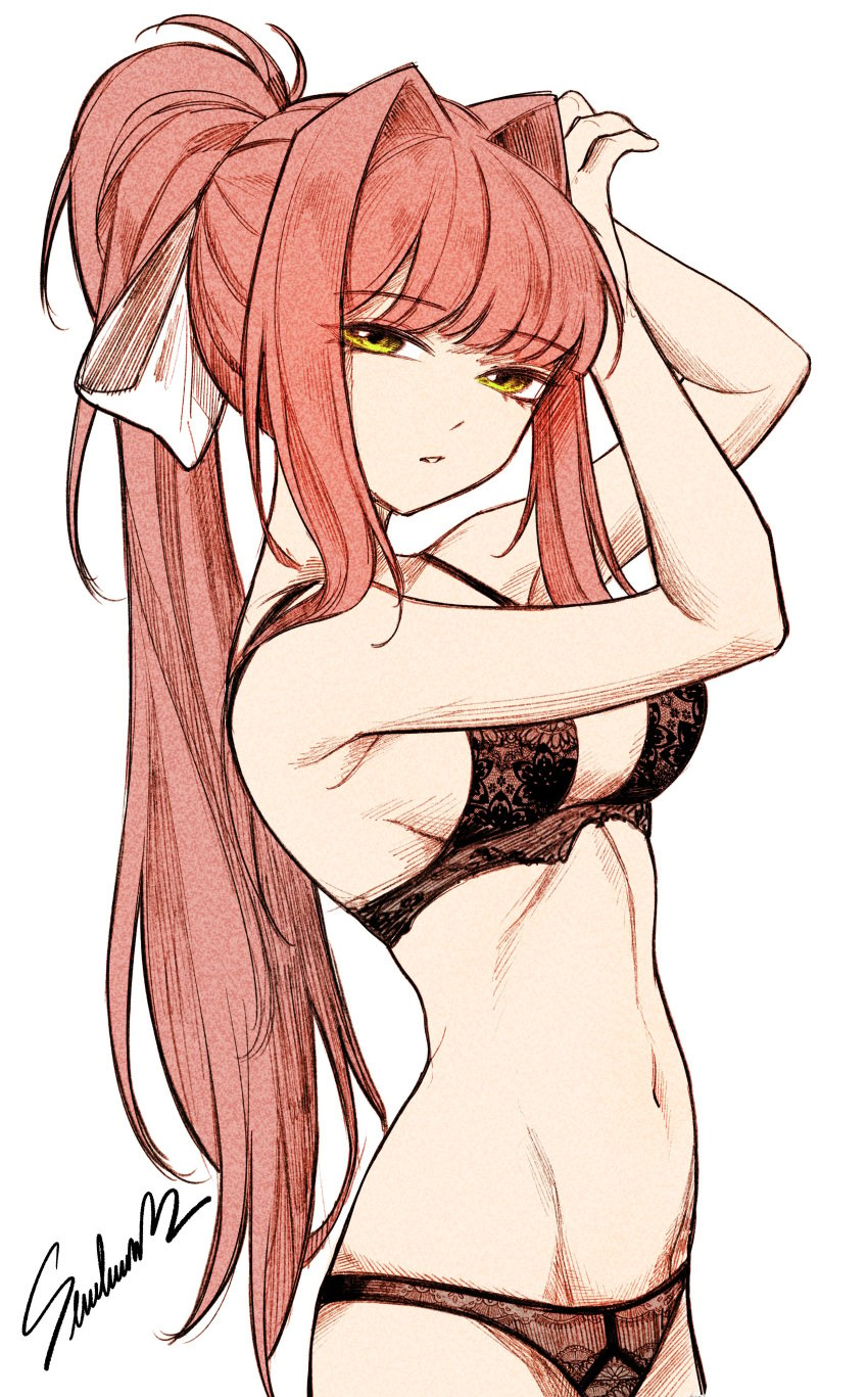 1female 1girls artist_signature black_bra black_panties bra breasts doki_doki_literature_club female female_focus female_human female_only girl green_eyes hair_intakes horneebogor7709 human human_female human_only lingerie lingerie_bra lingerie_only lingerie_panties long_hair matching_underwear monika_(doki_doki_literature_club) navel panties ponytail senukin_(artist) signature simple_background solid_color_background solo solo_female solo_focus white_background