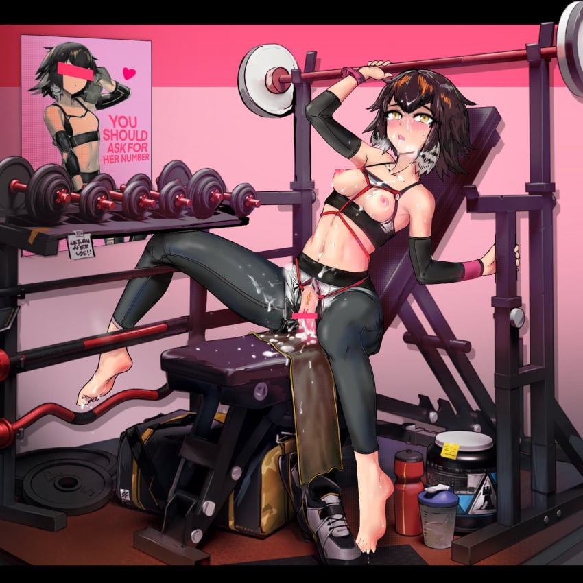 after_sex arknights bar_censor barbell bare_shoulders barefoot bench_press bird_girl black_leggings blush bondage bound breasts breasts_out brown_hair bukkake censored commentary_request compression_sleeve crop_top cum cum_in_pussy cum_on_body cum_on_feet cup dumbbell english_text facial feather_hair female female_pubic_hair hair_between_eyes highres jar leggings leggings_under_shorts midriff multicolored_hair navel nipples official_alternate_costume plume_(arknights) plume_(easy_time)_(arknights) pubic_feathers pubic_hair pussy shibari_over_clothes shoes short_hair small_breasts solo sports_bra unworn_shoes white_hair white_sports_bra yellow_eyes zarathuta