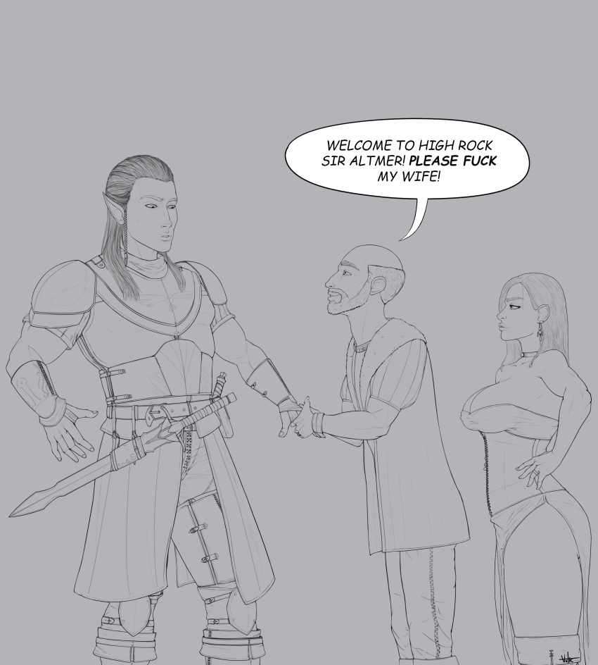 1girls 2boys altmer armor black_and_white breton confused_look confusion cuckold dialogue elf funny high_rock human large_breasts smirking taller_male the_elder_scrolls thick_thighs volk_nsfw weapon