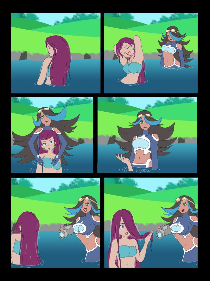 2girls akira-devilman666 black_hair blue_eyes blue_highlights breasts camera comic comics earrings game_freak green_eyes hair_over_one_eye jessie_(pokemon) lipstick multiple_girls nintendo outdoors pokemon pokemon_(anime) pokemon_oras purple_hair shelly_(pokemon) shelly_(pokemon_oras) water wet_hair yuri