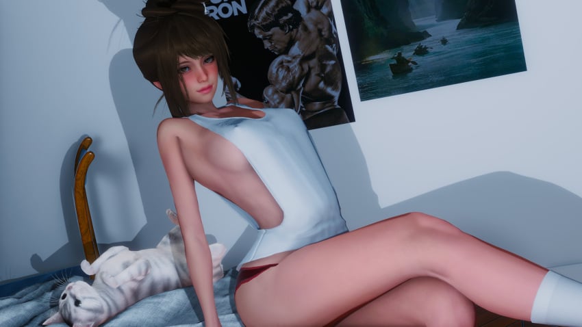 1girl 1girls 3d bed bedroom blush boobs braless breasts brown_eyes brown_hair brown_hair_female brunette_hair caribdis cat dalia_(eternum) eternum feline female female_focus female_only hair hair_up human large_breasts legs_crossed looking_at_viewer nipples_visible_through_clothing panties poster poster_(object) red_panties sideboob smile socks solo solo_female solo_focus tank_top tits white_cat white_tank_top