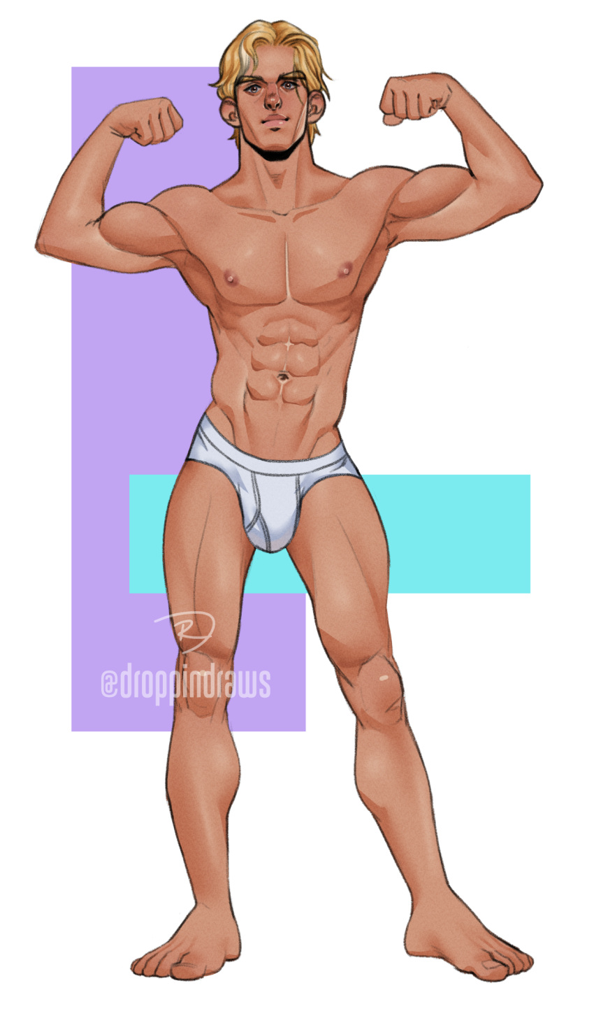 1boy 2021 bara barazoku blonde_hair briefs bulge droppindraws flexing_bicep hi_res highres male male_nipples male_only muscular_male nipples underwear