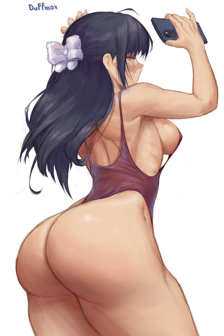 1girls ass ass ass_focus big_ass big_butt black_hair breasts brown_eyes duffmox female female_focus female_only jujutsu_kaisen light-skinned_female light_skin long_hair phone swimsuit thick thick_legs thick_thighs thighhighs thighs utahime_iori