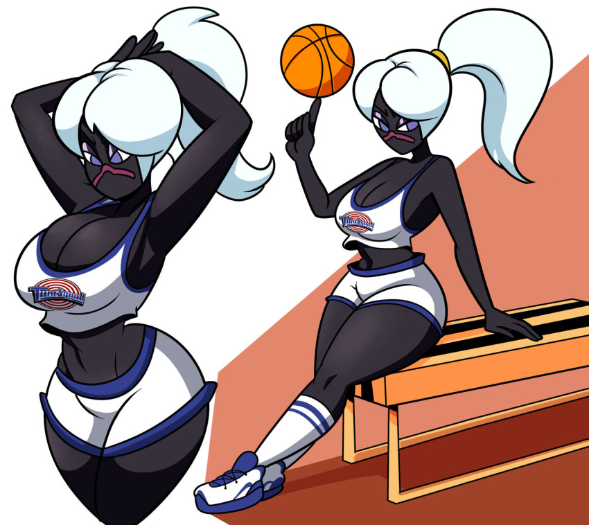 alien alien_girl alien_humanoid basketball basketball_uniform big_breasts duck_dodgers hands_behind_head looney_tunes martian martian_(duck_dodgers) ponytail queen_tyr'ahnee sitting_on_bench spinning_ball stretching_legs superspoe tied_hair tying_hair warner_brothers white_hair