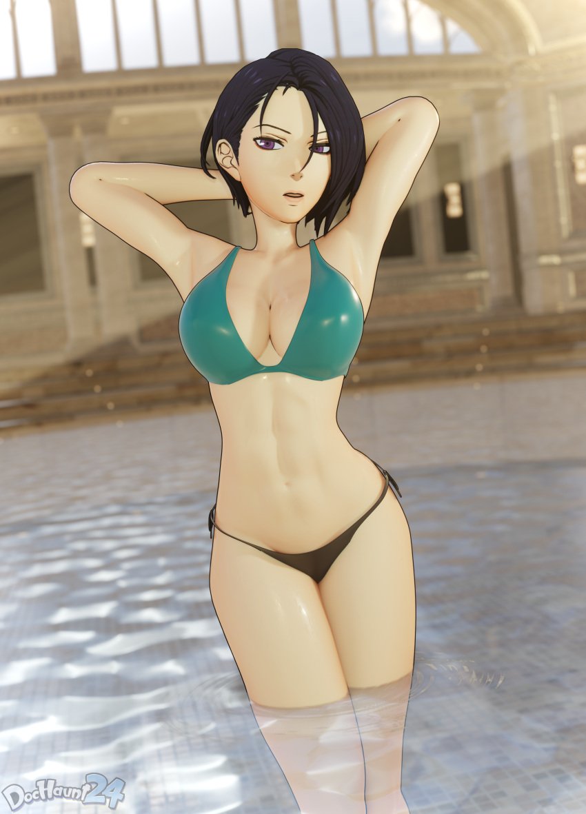 1girls 3d alternate_costume armpits arms_behind_head bare_arms bare_legs bare_midriff bikini black_bikini black_swimsuit blue_hair breasts cleavage dochaunt24 female female_only fire_emblem fire_emblem:_three_houses green_bikini green_swimsuit hair_between_eyes indoors large_breasts legs midriff nintendo partially_submerged pool pose purple_eyes shamir_nevrand short_hair solo standing swimsuit two-tone_bikini water