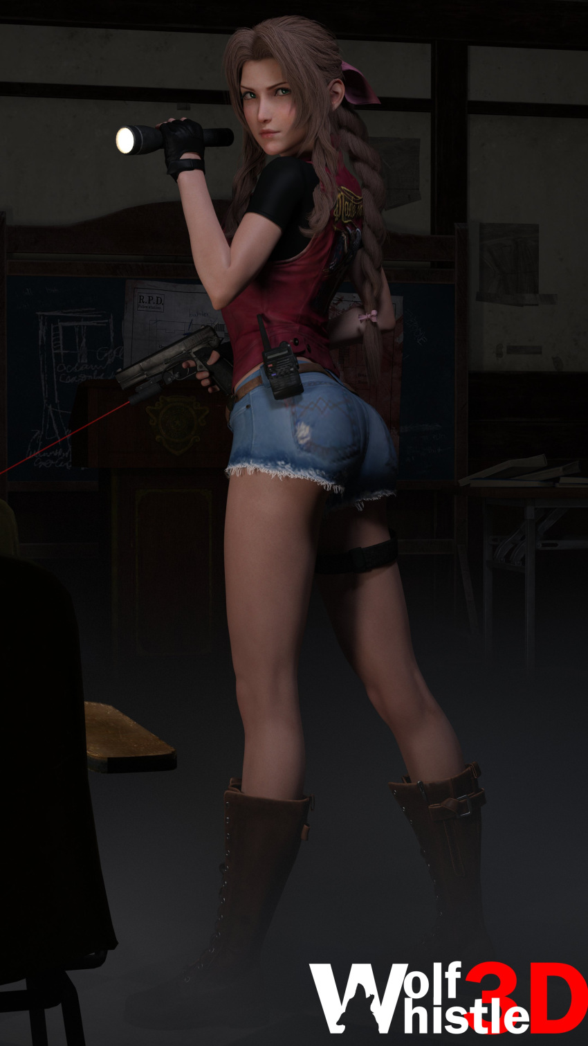 1female 1woman 3d 3d_(artwork) 3d_model aerith_gainsborough brown_hair capcom claire_redfield_(cosplay) female female_focus female_human female_only female_solo final_fantasy final_fantasy_vii final_fantasy_vii_remake holding_flashlight holding_gun resident_evil resident_evil_2 resident_evil_2_remake solo solo_female solo_focus square_enix wolfwhistle3d