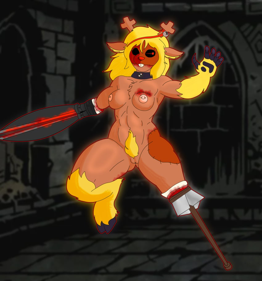 absurd_res action_pose anthro blonde_hair blood bodily_fluids breasts buckteeth christmas_decorations collar collar_only darkest_dungeon deer deltarune female fur genitals hair hi_res hooves long_hair mammal missing_arm missing_leg missing_limb nipple_piercing nipples noelle_holiday nude piercing pose pubes pussy red_eyes red_nose scissors small_breasts solo solo_focus surgical_suture tan_body tan_fur teeth thick_thighs undertale_(series) whitestellar wounded