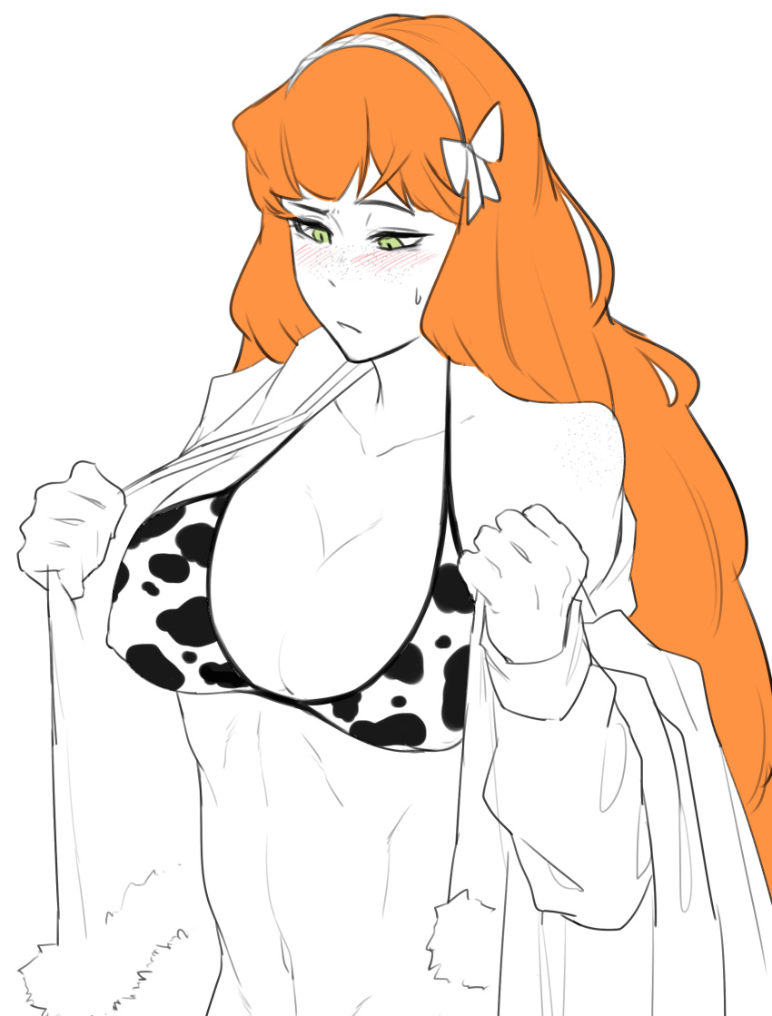 1girls acuonoa big_breasts blush cow_print freckles green_eyes ishmael_(limbus_company) limbus_company long_hair nipples_visible_through_clothing open_mouth open_shirt orange_hair partially_clothed presenting project_moon ribbon solo standing sweat white_background