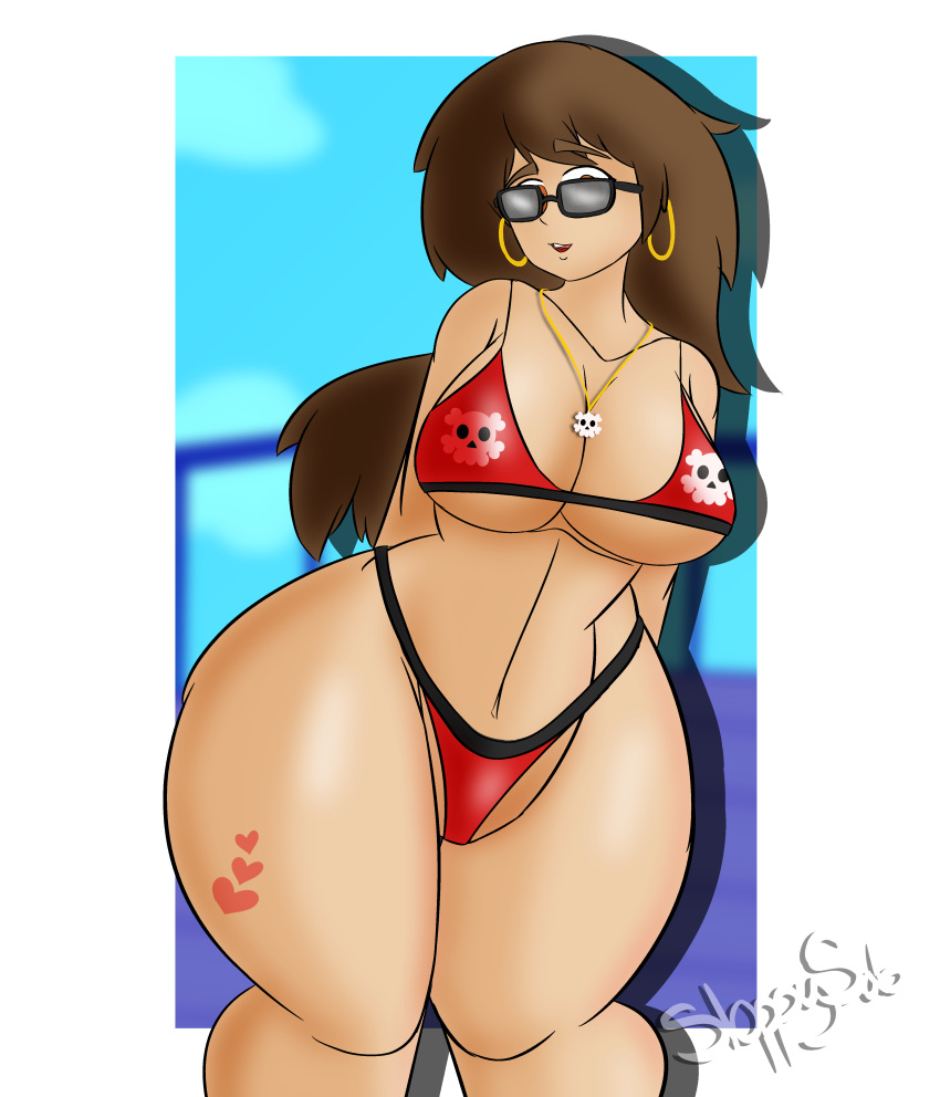 big_hips big_thighs bikini brown_hair earrings fanart glasses guilty_gear guilty_gear_strive hoop_earrings huge_breasts huge_thighs jewelry may_(guilty_gear) necklace sloppy_sab solo solo_female solo_focus sunglasses swimsuit swimwear tattoo thick_thighs tinted_eyewear two_piece_swimsuit wide_hips